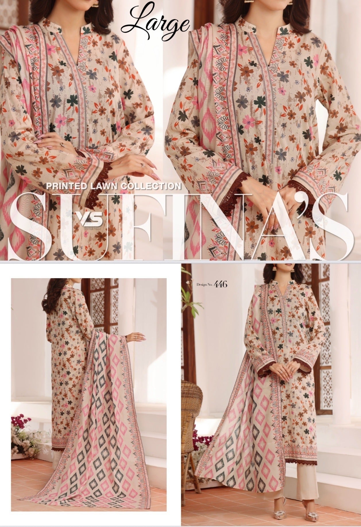 VS Sufina’s Printed Lawn Collection – Earthy Beige & Pink (Design 446)