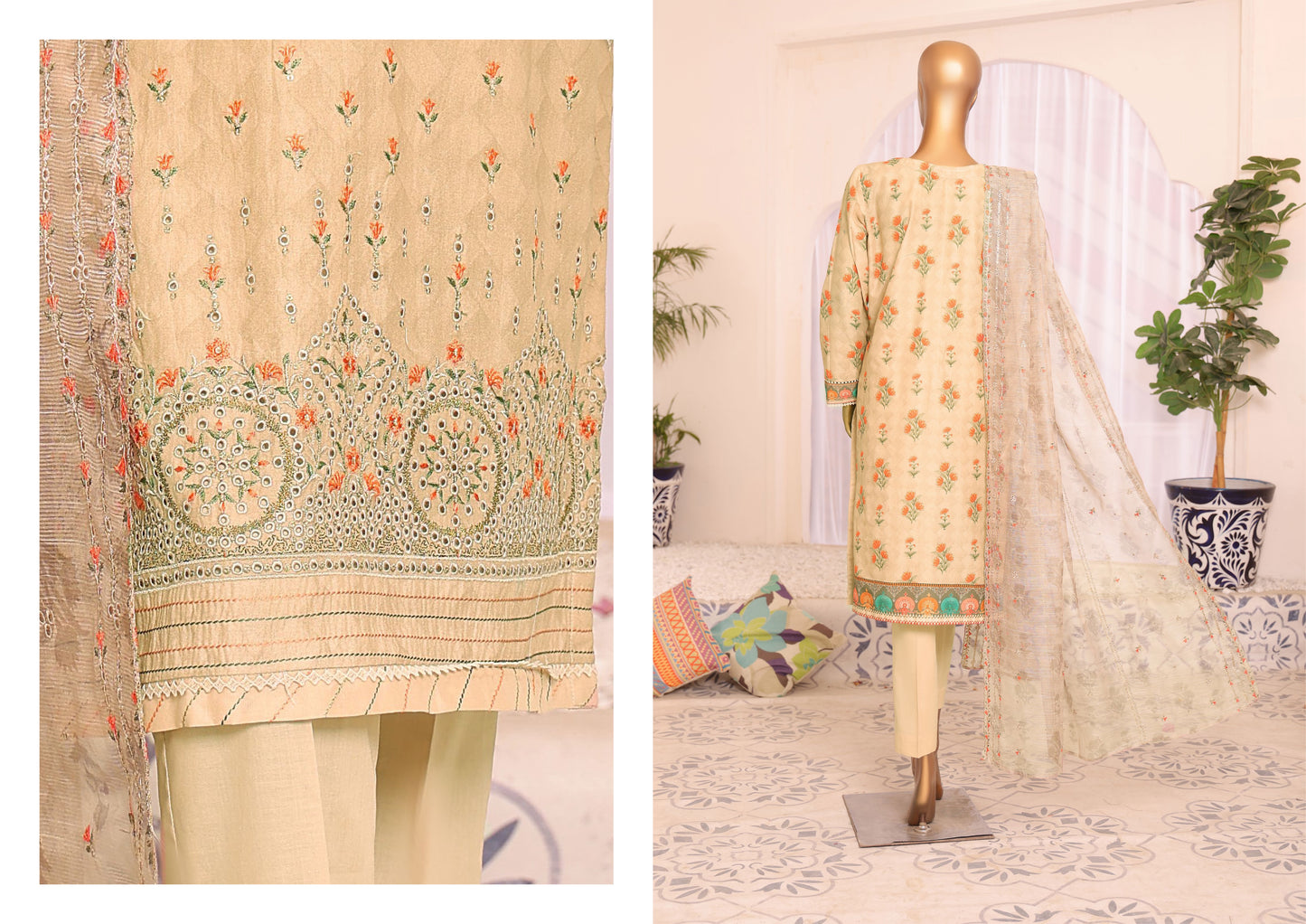 H.Z Satranga Embroidered Cotton Lawn Suit - Beige (SEC-952)