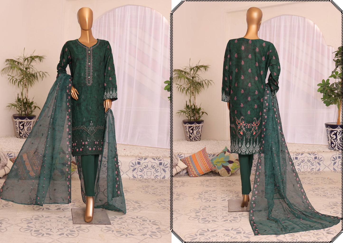 H.Z Satranga Embroidered Cotton Lawn Suit - Dark Green (SEC-948)