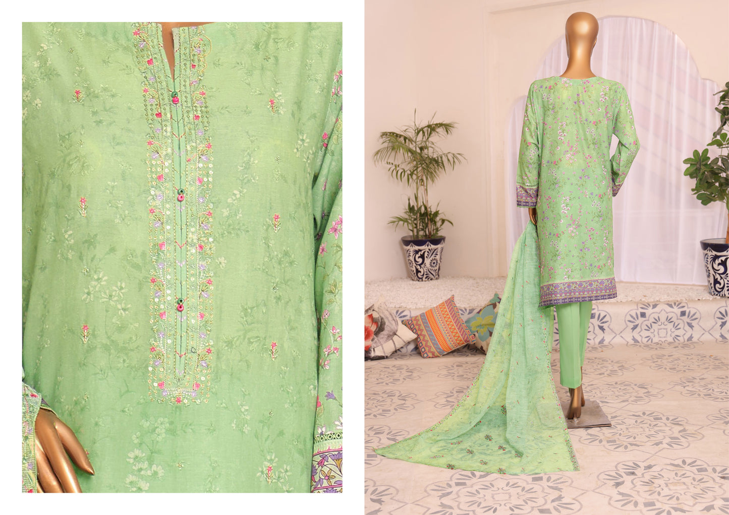 H.Z Satranga Embroidered Cotton Lawn Suit - Mint Green (SEC-954)
