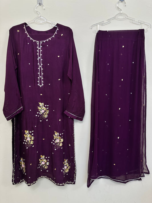 Floral Deep Purple Embellished Silk 3-Piece