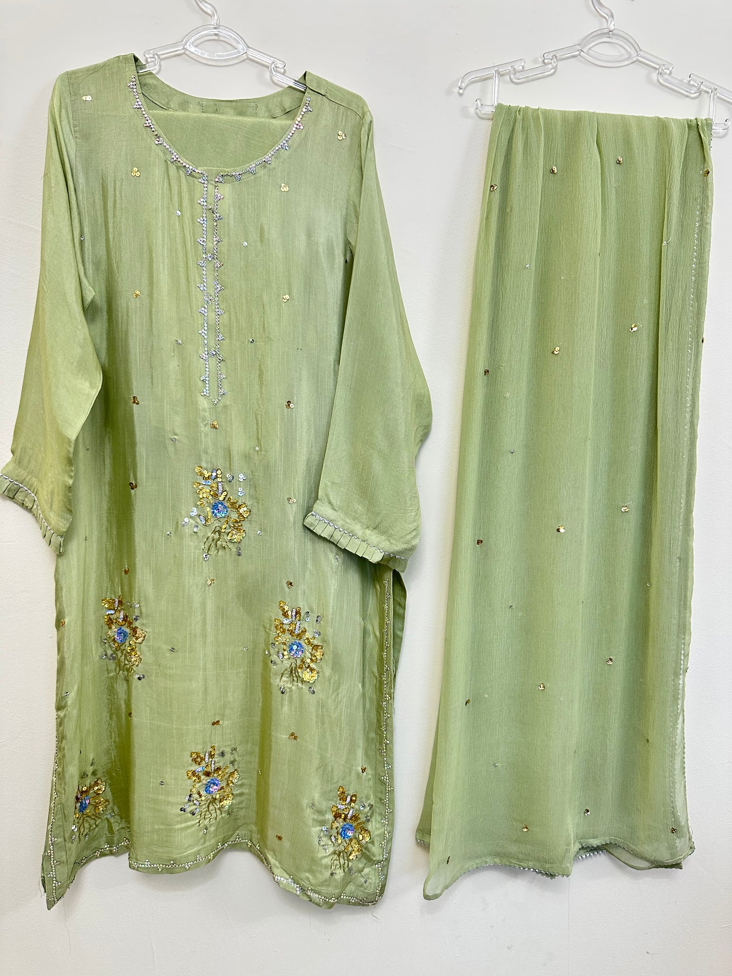 Floral Sage Green Embellished Silk 3-Piece