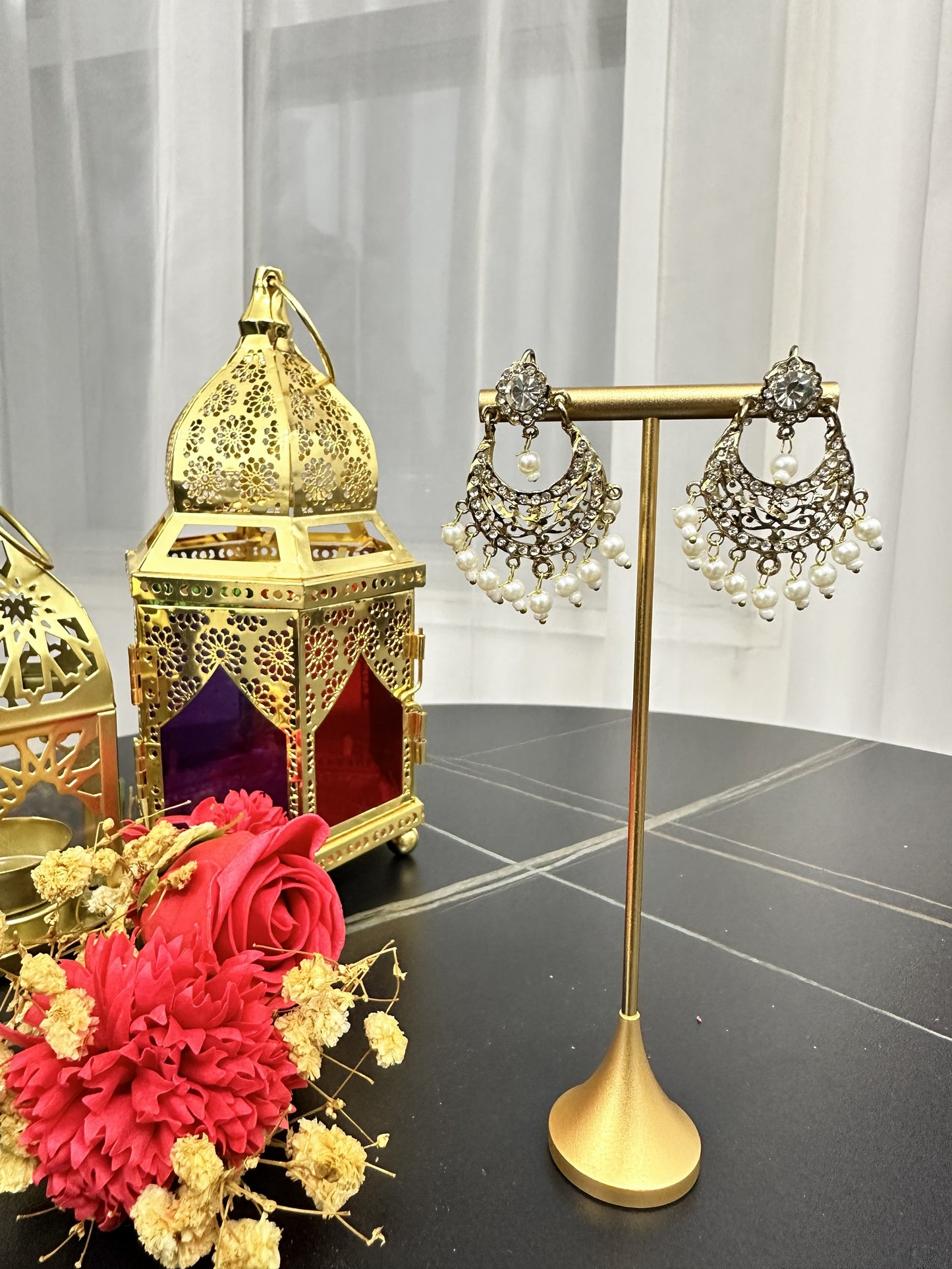 Traditional Gold Crescent Chandbali Earrings with Crystals and Pearls