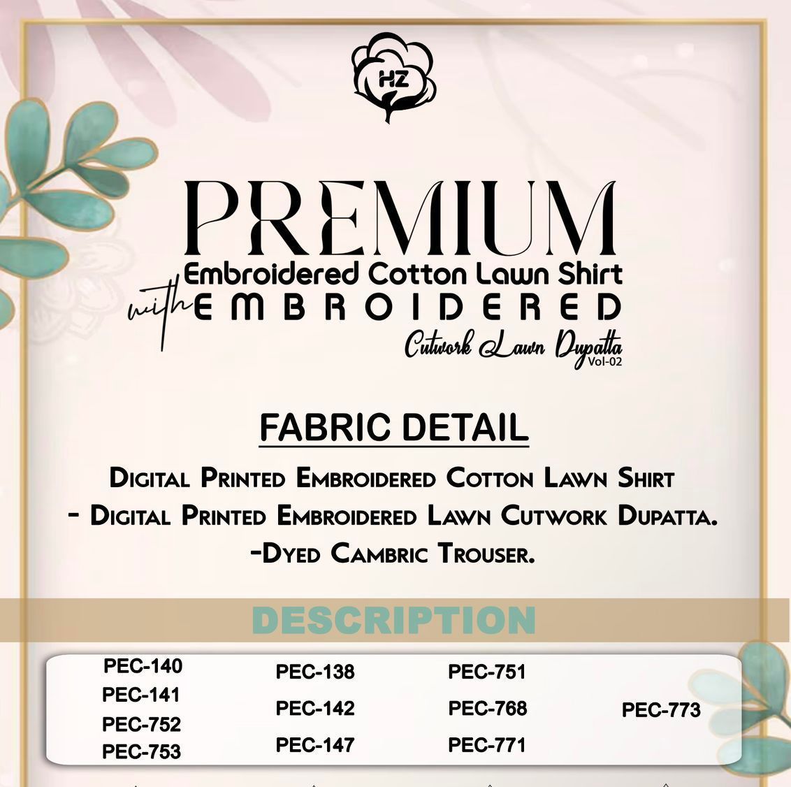 H.Z Premium Embroidered Cotton Lawn Shirt PEC-142
