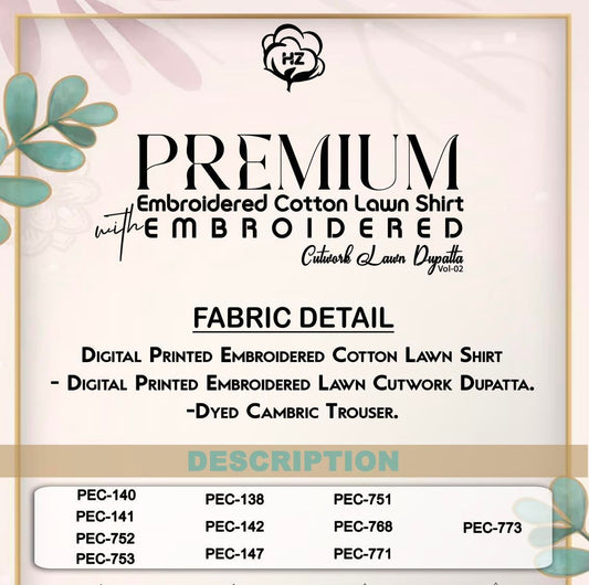 H.Z Premium Embroidered Cotton Lawn Shirt PEC-138