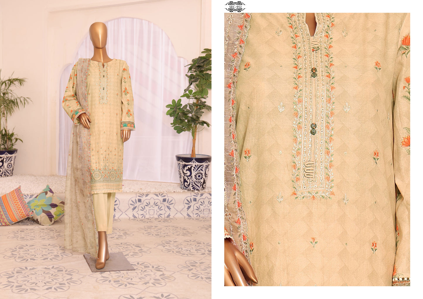 H.Z Satranga Embroidered Cotton Lawn Suit - Beige (SEC-952)