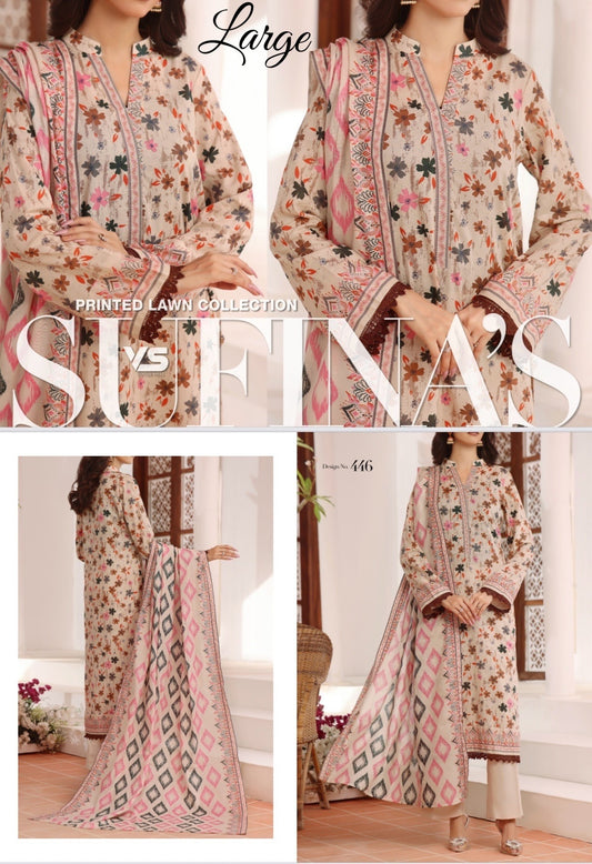 VS Sufina’s Printed Lawn Collection – Earthy Beige & Pink (Design 446)