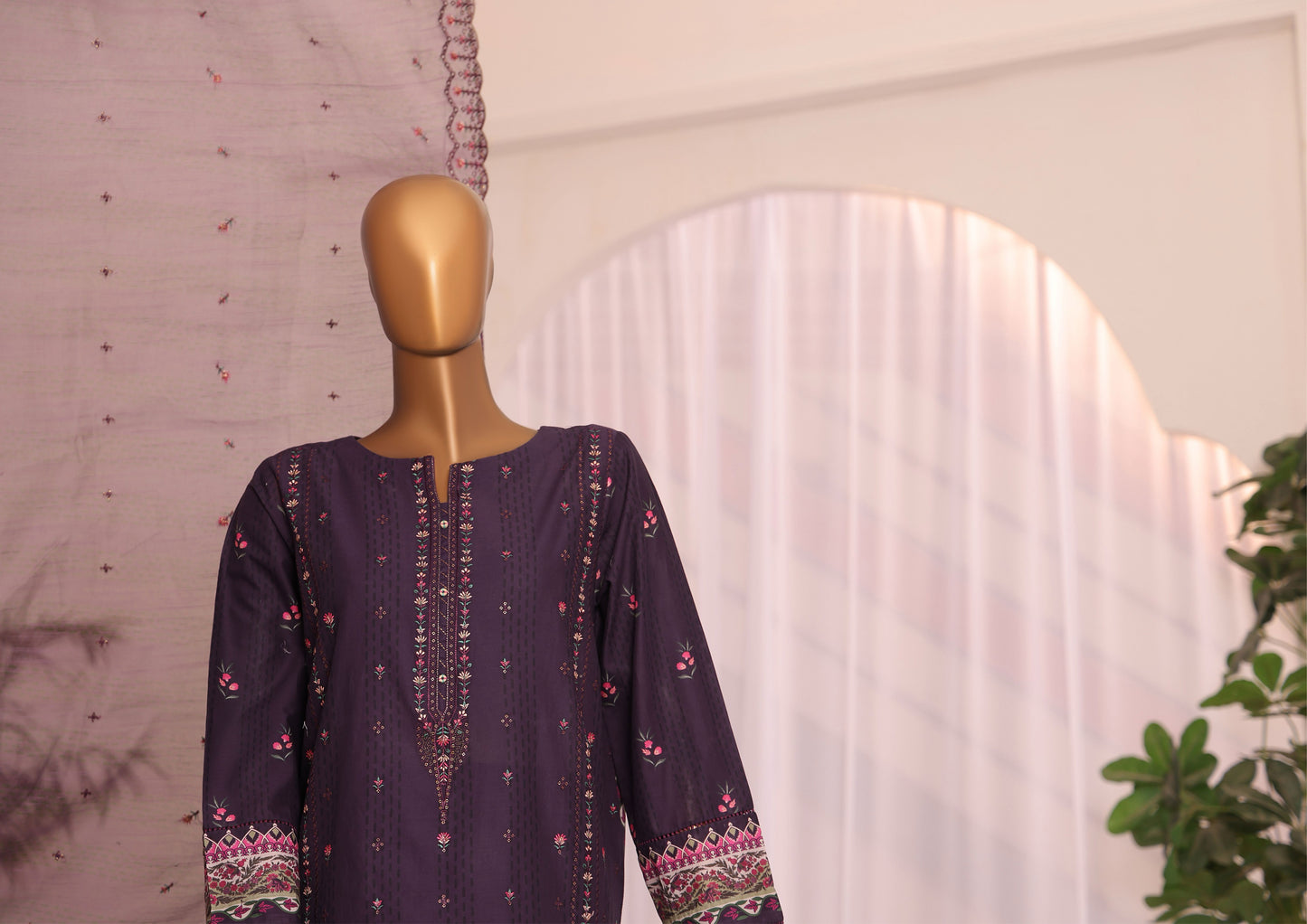 H.Z Satranga Embroidered Cotton Lawn Suit - Purple (SEC-951)