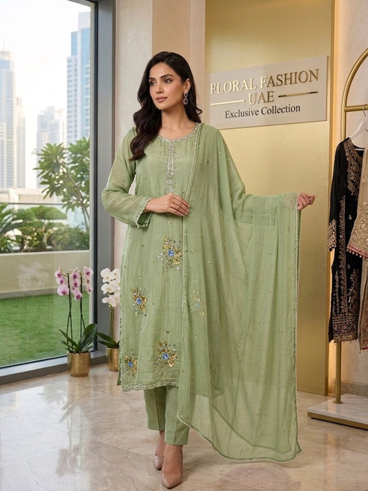 Floral Sage Green Embellished Silk 3-Piece