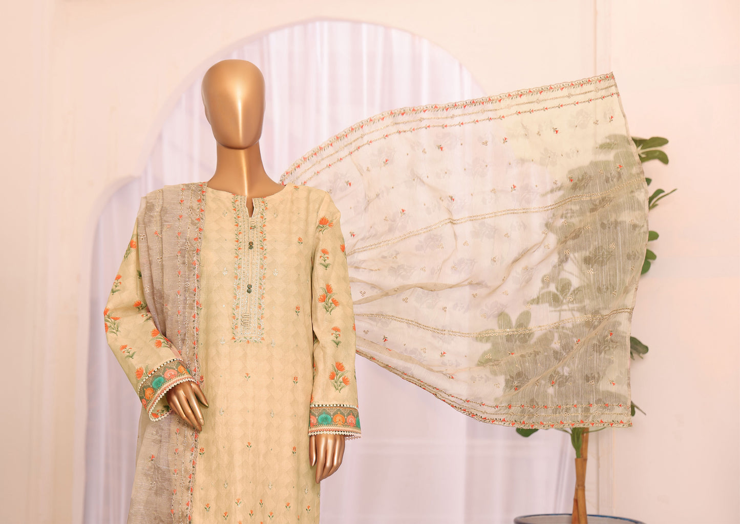H.Z Satranga Embroidered Cotton Lawn Suit - Beige (SEC-952)