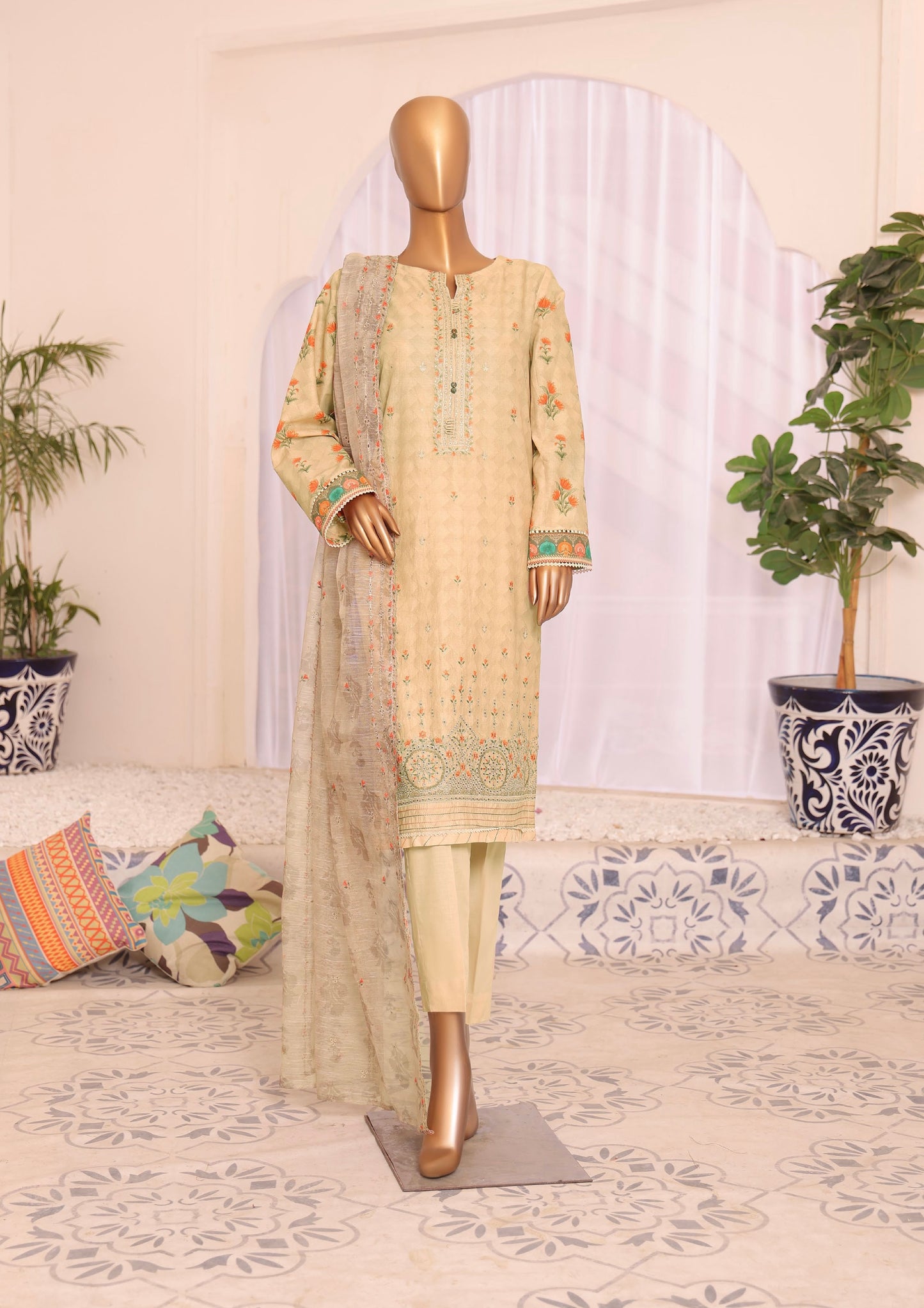 H.Z Satranga Embroidered Cotton Lawn Suit - Beige (SEC-952)