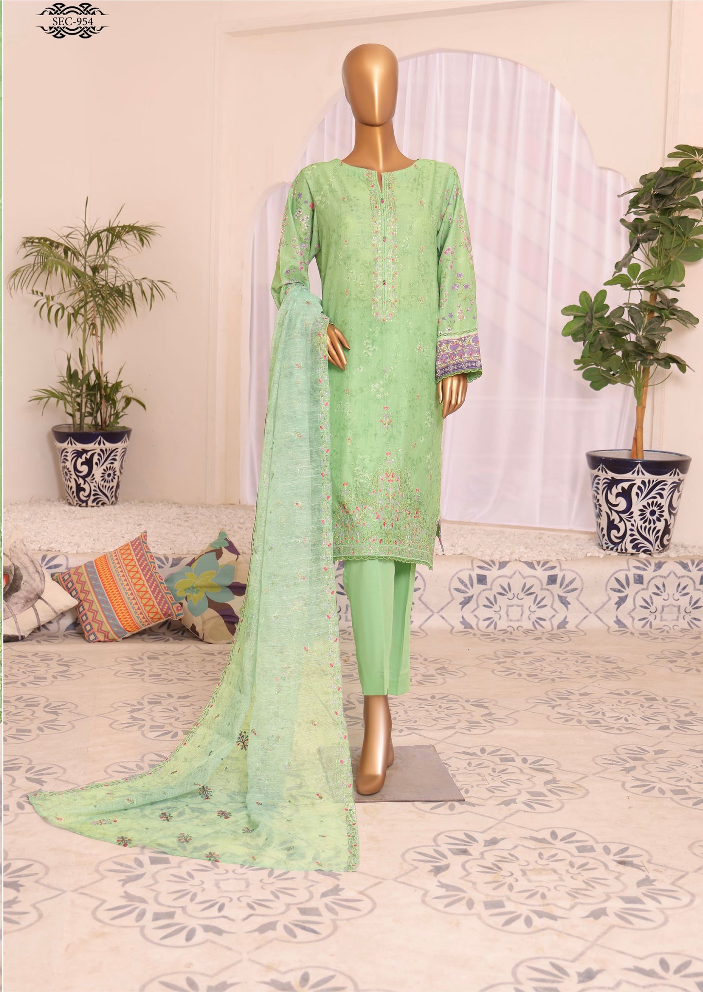 H.Z Satranga Embroidered Cotton Lawn Suit - Mint Green (SEC-954)