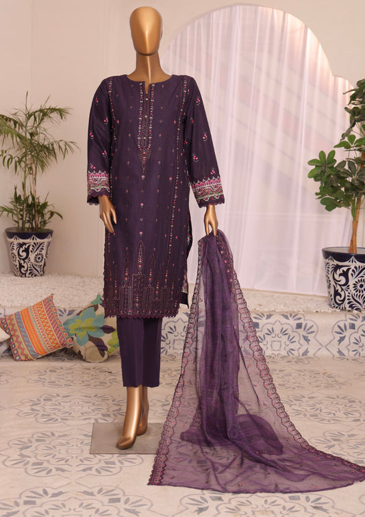 H.Z Satranga Embroidered Cotton Lawn Suit - Purple (SEC-951)