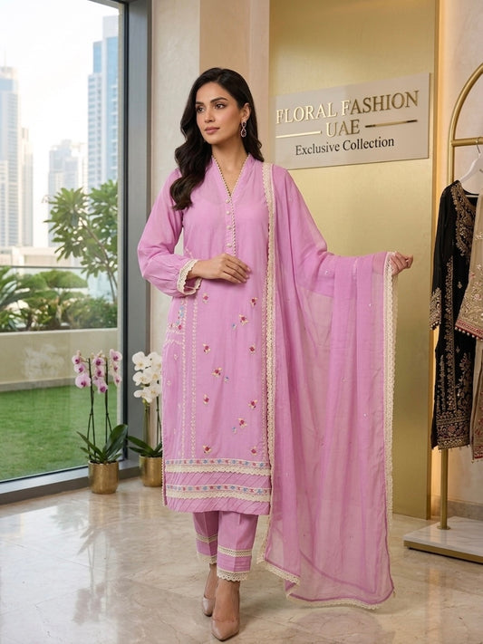 Soft Pink Lace & Vines Shirt by Agha Noor