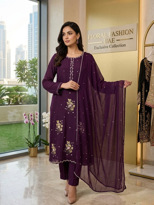 Floral Deep Purple Embellished Silk 3-Piece