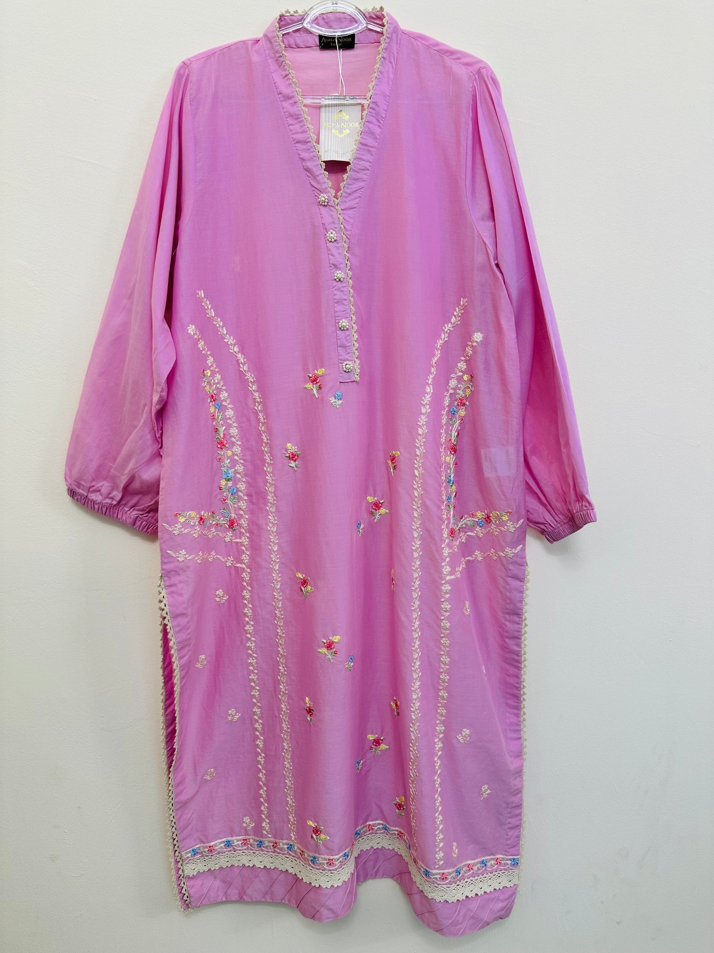 Soft Pink Lace & Vines Shirt by Agha Noor