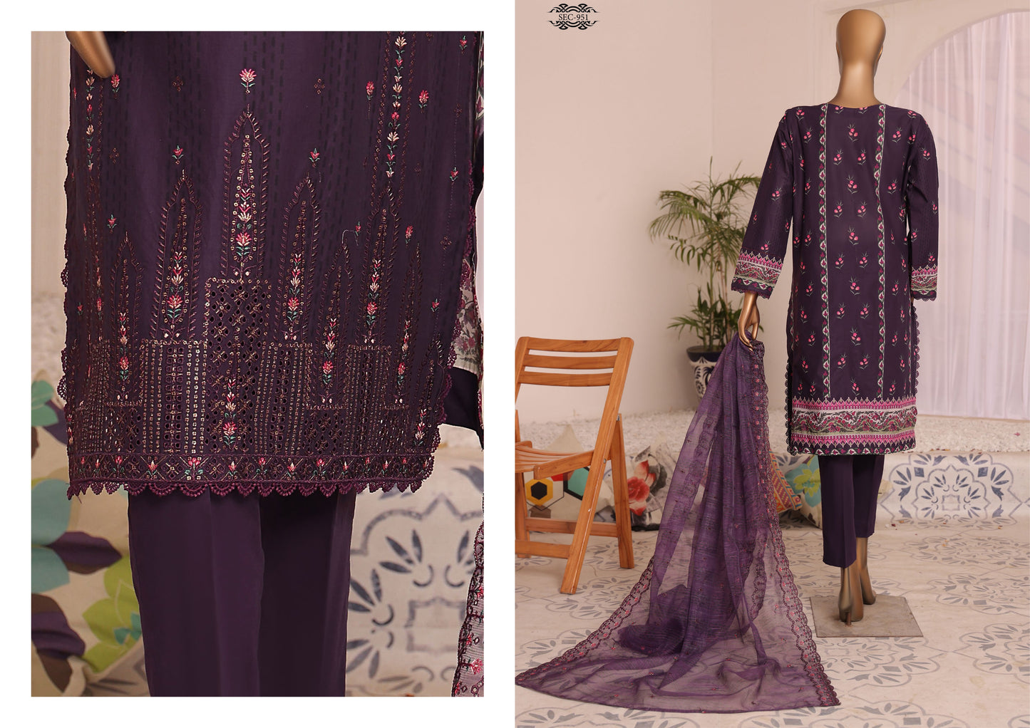 H.Z Satranga Embroidered Cotton Lawn Suit - Purple (SEC-951)