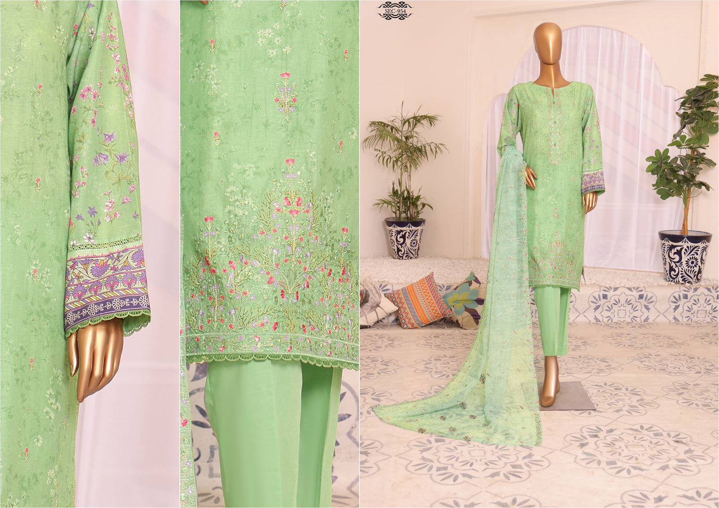 H.Z Satranga Embroidered Cotton Lawn Suit - Mint Green (SEC-954)