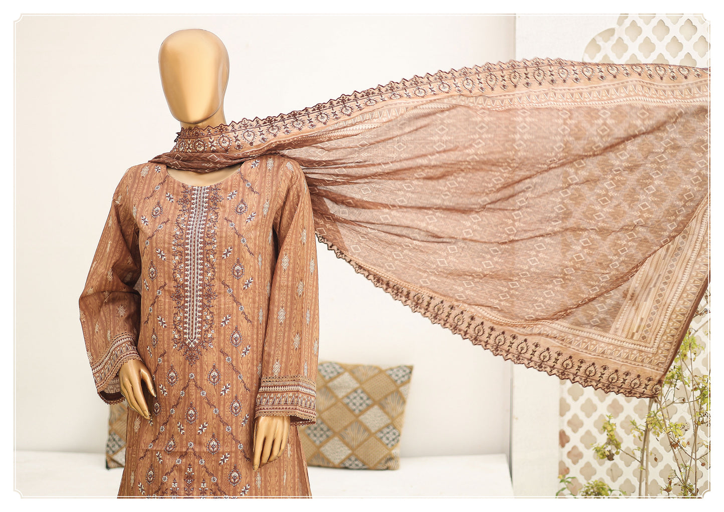 Riwayat Stitched 3-Piece Lawn Suit – Brown (R-24250)
