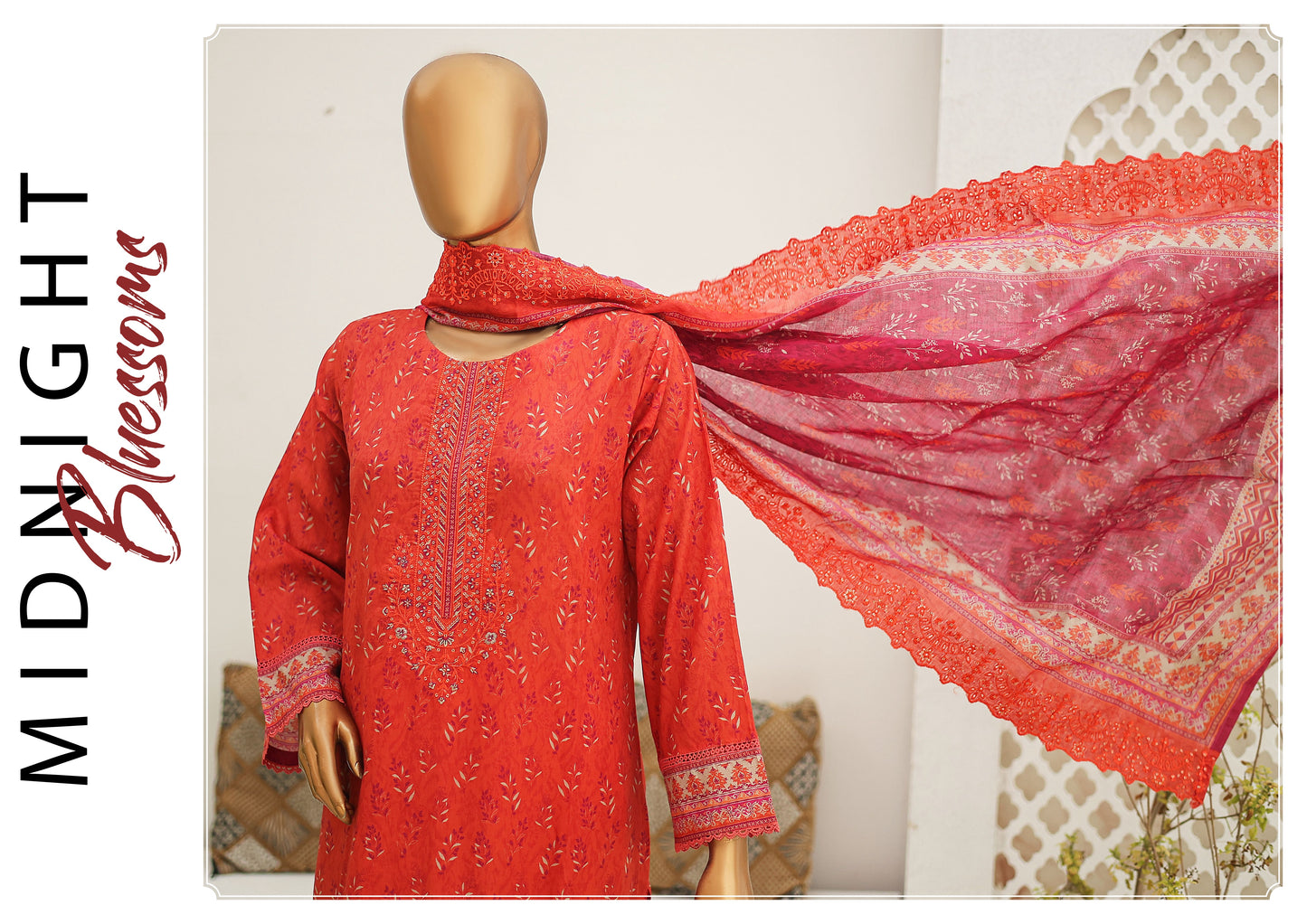 Riwayat Stitched 3-Piece Lawn Suit –Orange (R-24253)