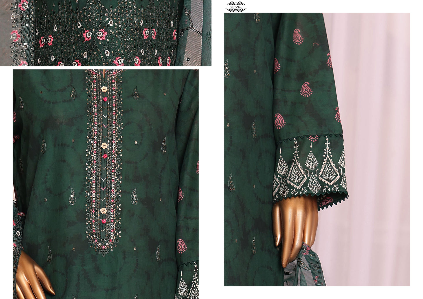 H.Z Satranga Embroidered Cotton Lawn Suit - Dark Green (SEC-948)