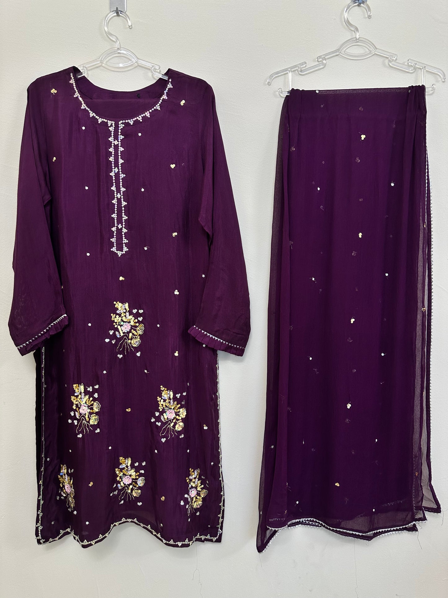 Floral Deep Purple Embellished Silk 3-Piece