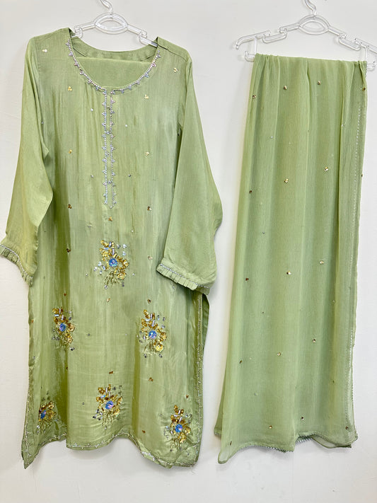 Floral Sage Green Embellished Silk 3-Piece
