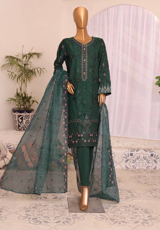 H.Z Satranga Embroidered Cotton Lawn Suit - Dark Green (SEC-948)