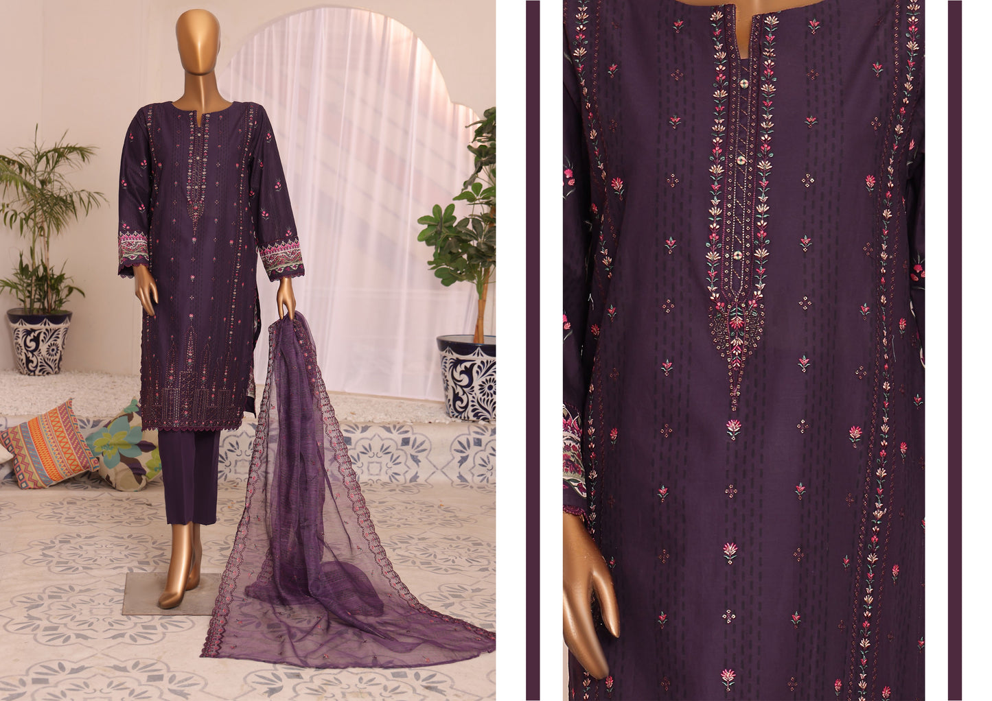 H.Z Satranga Embroidered Cotton Lawn Suit - Purple (SEC-951)