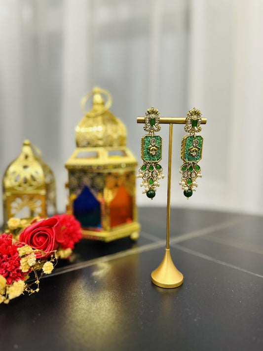 Traditional Gold Rectangular Earrings with Emerald Green Stones and Pearls