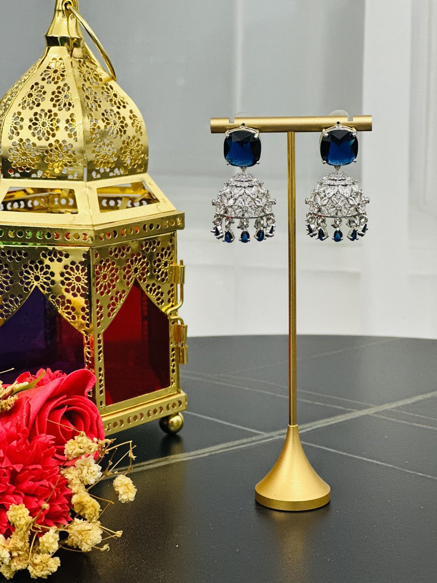 Traditional Silver Jhumka Earrings with Sapphire Blue Stones